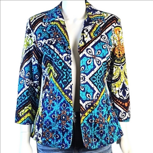Chico's Turquoise Multi-Color Medallion Mosaic Print 3/4 Sleeve Jacket Blazer